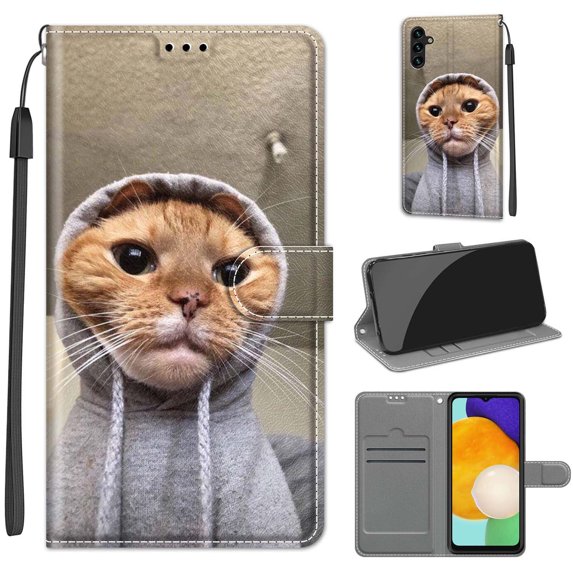 Compatible with Samsung Galaxy A13 5G Wallet Case for Men Women, Premium PU Leather Flip Cover with Card Holder, Wrist Strap, Kickstand Shockproof Magnetic Clasp Case, Yellow Cat + Sweater