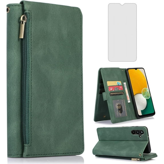 Compatible with Samsung Galaxy A13 5G Wallet Case Tempered Glass Screen Protector Zipper Leather Flip Cover Card Holder Stand Cell Accessories Phone Cases for Glaxay A 13 Gaxaly 13A Women Men Green