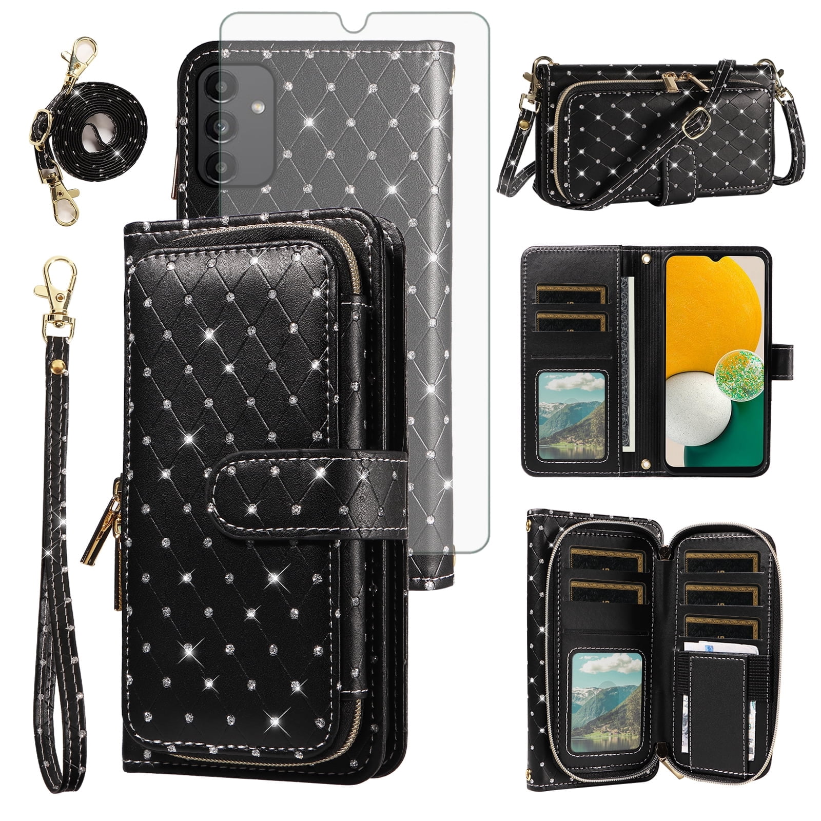 Compatible with Samsung Galaxy A13 5G Wallet Phone Case Tempered Glass Screen Protector Bling Glitter Crossbody Lanyard Strap Flip Zipper Purse Card Holder Cell Cover for A04S M13 A136U Women Black