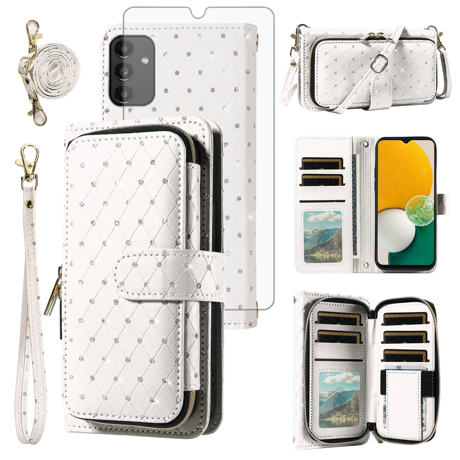 Compatible with Samsung Galaxy A13 5G Wallet Phone Case Tempered Glass Screen Protector Bling Glitter Crossbody Lanyard Strap Flip Zipper Purse Card Holder Cell Cover for A04S M13 A136U Women White