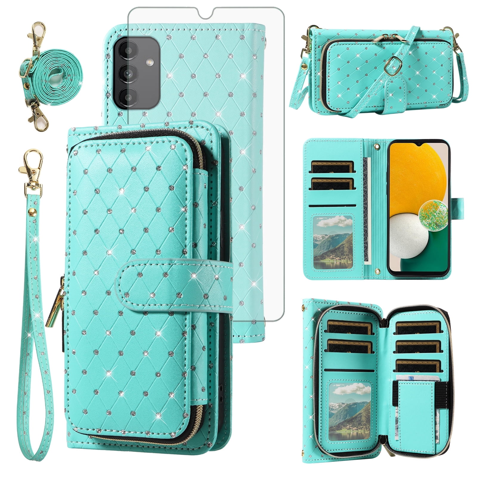 Compatible with Samsung Galaxy A13 5G Wallet Phone Case Tempered Glass Screen Protector Bling Glitter Crossbody Lanyard Strap Flip Zipper Purse Card Holder Cell Cover for A04S M13 A136U Women Green