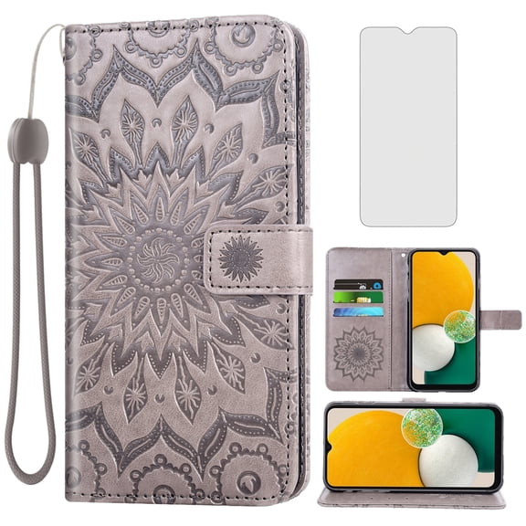 Compatible with Samsung Galaxy A13 5G Wallet Phone Case and Tempered Glass Screen Protector Flip Credit Card Holder Stand Mandala Flower Cell Cover for A04S M13 G5 A 13 2022 13A A135G SM A136U Gray