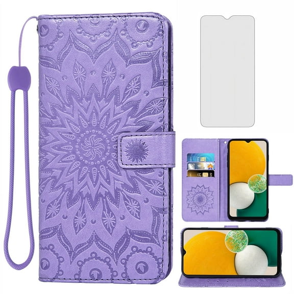 Compatible with Samsung Galaxy A13 5G Wallet Phone Case and Tempered Glass Screen Protector Flip Credit Card Holder Stand Mandala Flower Cell Cover for A04S M13 G5 A 13 2022 13A A135G SM A136U Purple