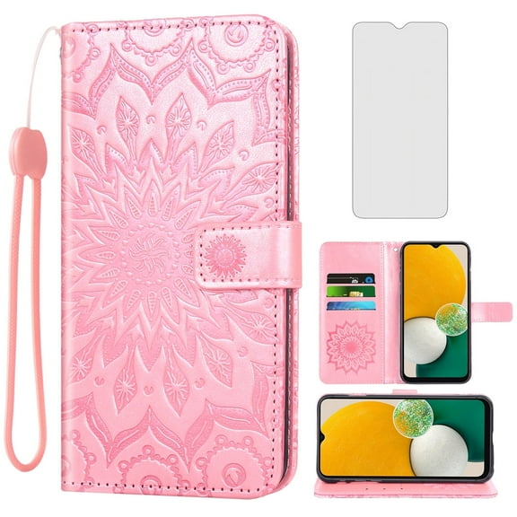 Compatible with Samsung Galaxy A13 5G Wallet Phone Case and Tempered Glass Screen Protector Flip Credit Card Holder Stand Mandala Flower Cell Cover for A04S M13 G5 A 13 2022 13A A135G SM A136U Pink