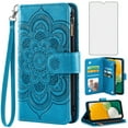 thumbnail image 1 of Compatible with Samsung Galaxy A13 5G Wallet Phone Case and Tempered Glass Screen Protector Flower Faux Leather Flip Credit Card Holder Stand Zipper Cell Cover for A04S M13 G5 2022 SM A136U Blue, 1 of 9
