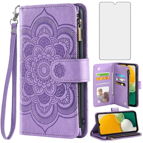 Compatible with Samsung Galaxy A13 5G Wallet Phone Case and Tempered Glass Screen Protector Flower Faux Leather Flip Credit Card Holder Stand Zipper Cell Cover for A04S M13 G5 2022 SM A136U Purple