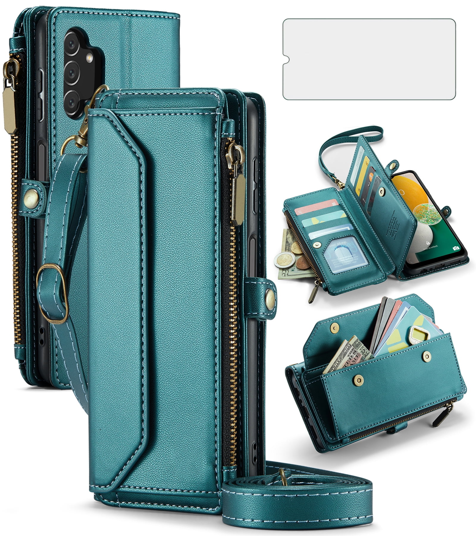 Compatible with Samsung Galaxy A13 5G Zipper Wallet Phone Case Tempered Glass Screen Protector Crossbody Lanyard Strap Flip Card Holder Slot Cell Cover for A04S M13 G5 A 13 2022 13A A135G Women Green