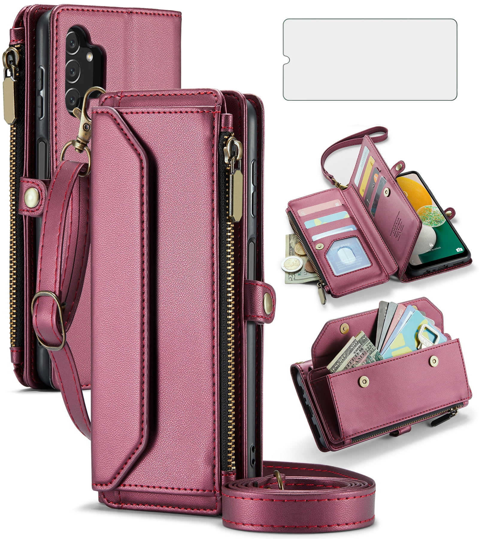 Compatible with Samsung Galaxy A13 5G Zipper Wallet Phone Case Tempered Glass Screen Protector Crossbody Lanyard Strap Flip Card Holder Slot Cell Cover for A04S M13 A 13 2022 13A A135G Women Wine Red