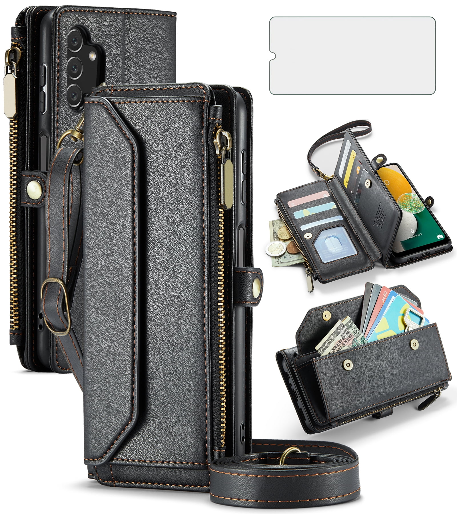 Compatible with Samsung Galaxy A13 5G Zipper Wallet Phone Case Tempered Glass Screen Protector Crossbody Lanyard Strap Flip Card Holder Slot Cell Cover for A04S M13 G5 A 13 2022 13A A135G Women Black