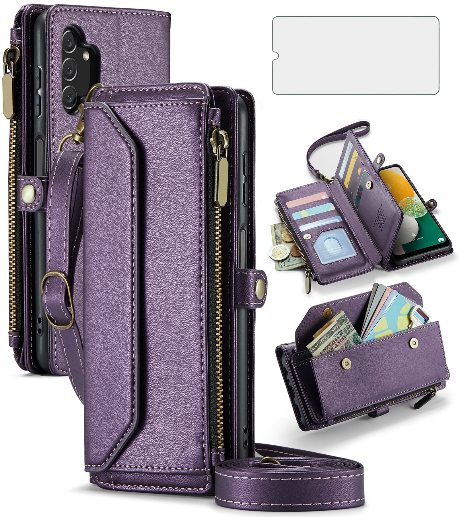 Compatible with Samsung Galaxy A13 5G Zipper Wallet Phone Case Tempered Glass Screen Protector Crossbody Lanyard Strap Flip Card Holder Slot Cell Cover for A04S M13 A 13 2022 13A A135G Women Purple