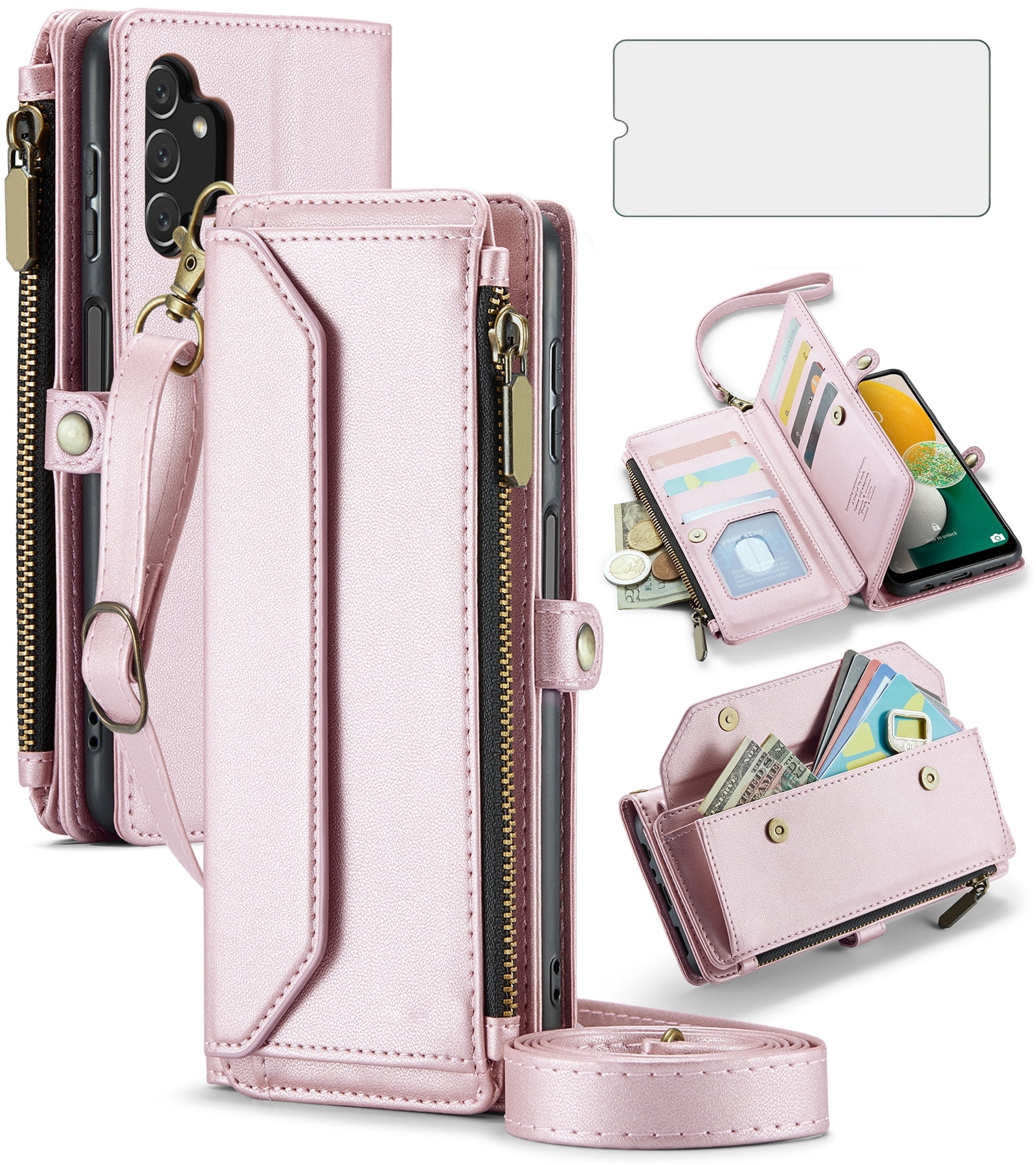 Compatible with Samsung Galaxy A13 5G Zipper Wallet Phone Case Tempered Glass Screen Protector Crossbody Lanyard Strap Flip Card Holder Slot Cell Cover for A04S M13 A13 2022 13A A135G Women Rose Gold