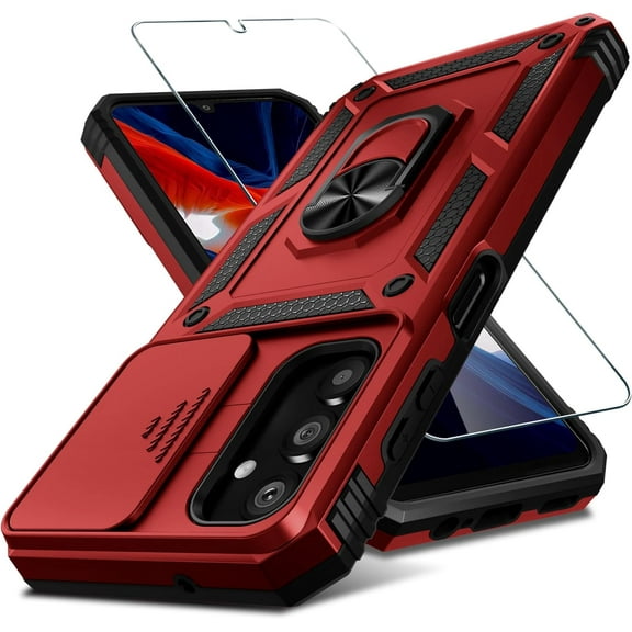 Compatible with Samsung Galaxy A14 5G Case Built in Slide Camera Lens Cover and Screen Protector,Heavy Duty Full Body Phone Cover Built in Ring Holder Kickstand,2023 Red