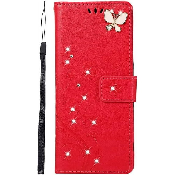 Compatible with Samsung Galaxy A14 5G Case Glitter with Card Holder Flip Wallet Phone Case for Women Crystal Butterfly Shockproof Protective Case for Samsung Galaxy A14 5G,Red GY