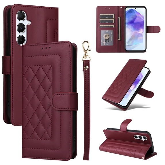 Compatible with Samsung Galaxy A14 5G Case, Premium Leather Wallet Book Case Magnetic Flip RFID Blocking Credit Card Holder Kickstand with Wrist Strap Shock Absorbing Case, Winered
