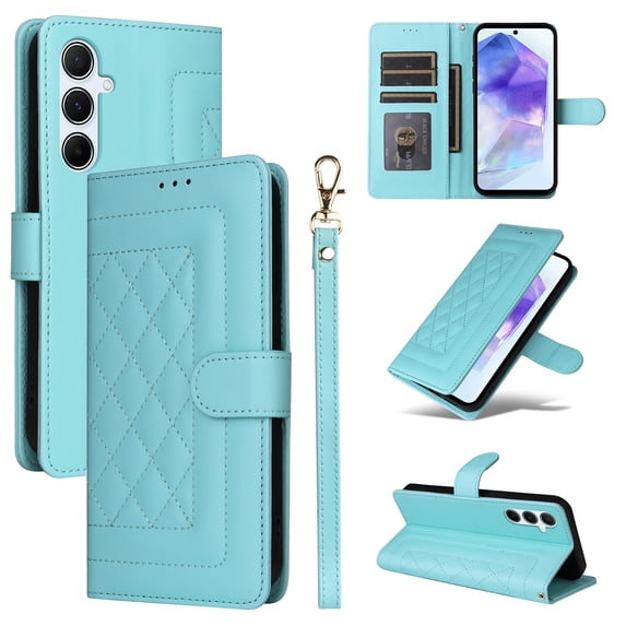 Compatible with Samsung Galaxy A14 5G Case, Premium Leather Wallet Book Case Magnetic Flip RFID Blocking Credit Card Holder Kickstand with Wrist Strap Shock Absorbing Case, Mint