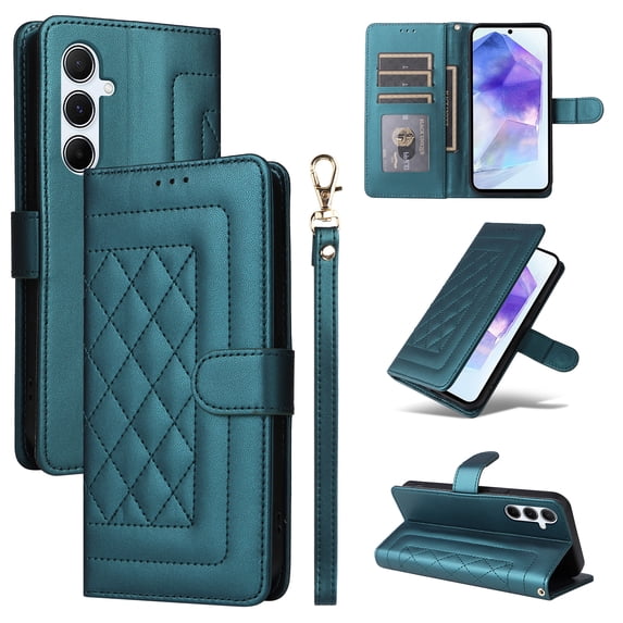 Compatible with Samsung Galaxy A14 5G Case, Premium Leather Wallet Book Case Magnetic Flip RFID Blocking Credit Card Holder Kickstand with Wrist Strap Shock Absorbing Case, Darkgreen
