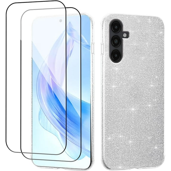 Compatible with Samsung Galaxy A14 5G Case with Screen Protector for Women Girls Glitter Shockproof Samsung A14 5G Phone Case Cute Slim 3 in 1 Protective Cases (Silver)