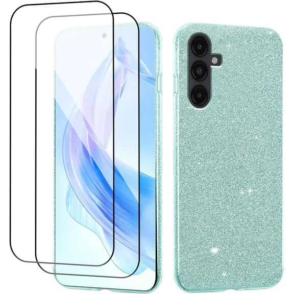 Compatible with Samsung Galaxy A14 5G Case with Screen Protector for Women Girls Glitter Shockproof Samsung A14 5G Phone Case Cute Slim 3 in 1 Protective Cases (Green)
