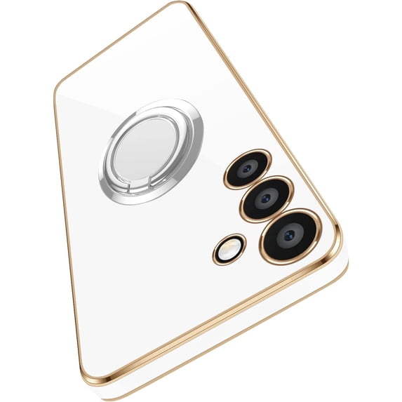 Compatible with Samsung Galaxy A14 5G Case Slim Thin with Ring Stand Metal Electroplated Soft Flexible Tup Frame Full Body Shock-Absorption Bumper Hard Back Mobile Cover-White