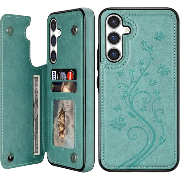 Compatible with Samsung Galaxy A14 5G Case Wallet with Card Slot Butterfly Embossing Flip Leather Magnetic Clasp Protective Phone Case for Samsung Galaxy A14 Case Wallet(Green-6.6 inch)