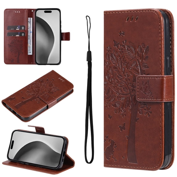 Compatible with Samsung Galaxy A14 5G Case Wallet Case with Kickstand Credit Card Holder Slots Cute Cat Butterfly & Tree Embossed Premium PU Leather Protective Phone Case with Wrist Strap,Brown