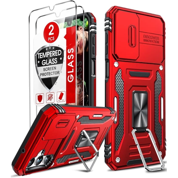 Compatible for Samsung Galaxy A14 5G Phone Case: A14 Case with [2 Pack] Screen Protectors, Slide Camera Cover & Magnetic Ring Stand Rugged Shock Proof Estuche para A14 5G Unlocked Cellphone, Red