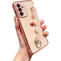 Compatible with Samsung Galaxy A14 5G Phone Case Women Luxury Plating Cute Love Heart Case with Heart Chain Bracelet Strap Soft Case for Galaxy A14 6.6 inch (Pink)