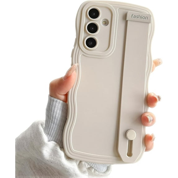 Compatible with Samsung Galaxy A14 5G Phone Case with Wrist Strap Kickstand Cute Solid Color Curly Wave Frame Case Women Camera Protection Soft Cover (White, Samsung Galaxy A14 5G)