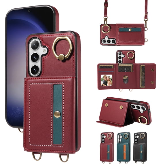 Compatible with Samsung Galaxy A14 5G Wallet Card Holder Leather PU Cover Folio Lanyard Crossbody Strap Women Girl Magnetic Clasp Kickstand Ring Holder Shockproof Protective Case,Red