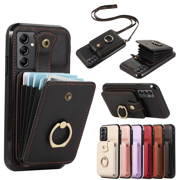 Compatible with Samsung Galaxy A14 5G Wallet Case, PU Leather Case with Card Holder, 360° Rotation Ring Kickstand, Shoulder Strap, Magnetic Snap Protective Case Designed for A14 5G, Black