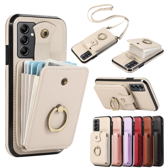 Compatible with Samsung Galaxy A14 5G Wallet Case, PU Leather Case with Card Holder, 360° Rotation Ring Kickstand, Shoulder Strap, Magnetic Snap Protective Case Designed for A14 5G, Beige