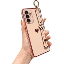 Compatible with Samsung Galaxy A14 5g Aesthetic Cute Heart Wrist Strap Kickstand Phone Case Luxury Plating Side Heart Pattern Cover Soft Silicone Shockproof Stand Holder Bumper (Pink)