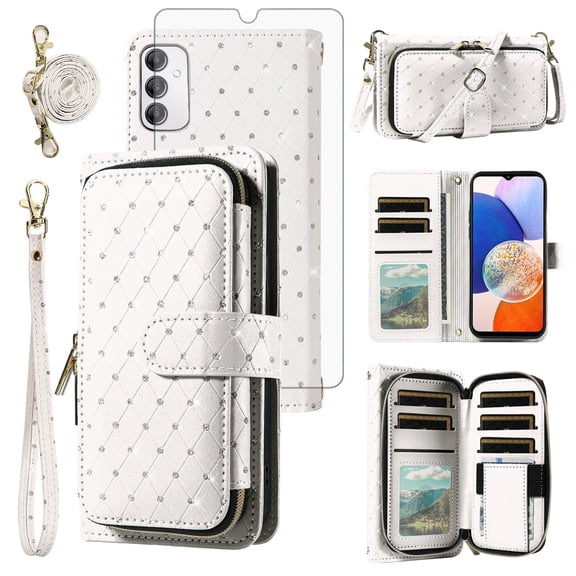 Compatible with Samsung Galaxy A14/M14 5G Wallet Phone Case Tempered Glass Screen Protector Bling Glitter Crossbody Lanyard Strap Flip Zipper Purse Card Holder Cell Cover for A 14 4G 14A Women White