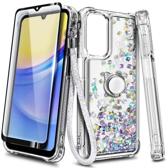 Compatible with Samsung Galaxy A15 5G Case with Tempered Glass Screen Protector, Ring Holder/Wrist Strap, Nagebee Glitter Liquid Floating Waterfall Cute Phone Cover (Clear Gem)