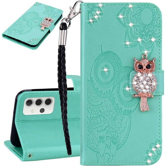 Compatible with Samsung Galaxy A15 5G Case Wallet Leather Glitter Stylish Crystal Owl with Wrist Strap Kickstand Magnetic Feature for Women Phone Case for Samsung Galaxy A15 5G Green YK