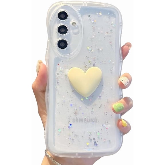 Compatible with Samsung Galaxy A15 5G Cute 3D Love Heart Phone Case,Glitter Bling Clear A15 5G Case Curly Wave Frame Case Women Soft Shockproof Bumper Cover (White, Samsung Galaxy A15)