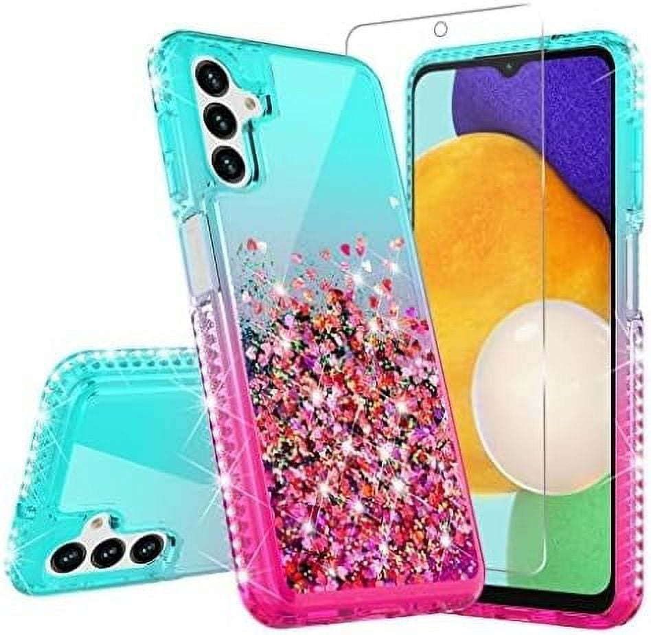 Compatible For Samsung Galaxy A15 5g Liquid Glitter Phone Case Cover With Tempered Glass Screen