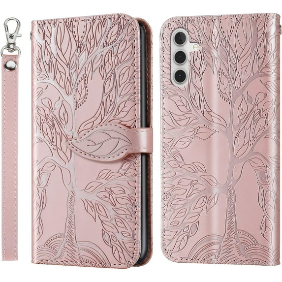Compatible with Samsung Galaxy A15 5G Wallet Case Women Leather Flip Phone Case with Wrist Strap Magnetic Adjustable Stand Protective Case for Samsung Galaxy A15 5G Life Tree Rose Gold
