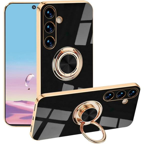 Compatible with Samsung Galaxy A15 5g Case with Ring Holder Pink, Aesthetic Phone Case Samsung A15 5g Case Silicone Soft TPU Slim Cover Shockproof Luxury with Kickstand (Black)