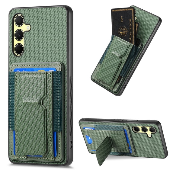 Compatible for Samsung Galaxy A15 Carbon Fiber Texture Wallet Case with Credit Card Slots, Shockproof Protection Business PU Leather Flip Kickstand Phone Cover for Galaxy A15, Green