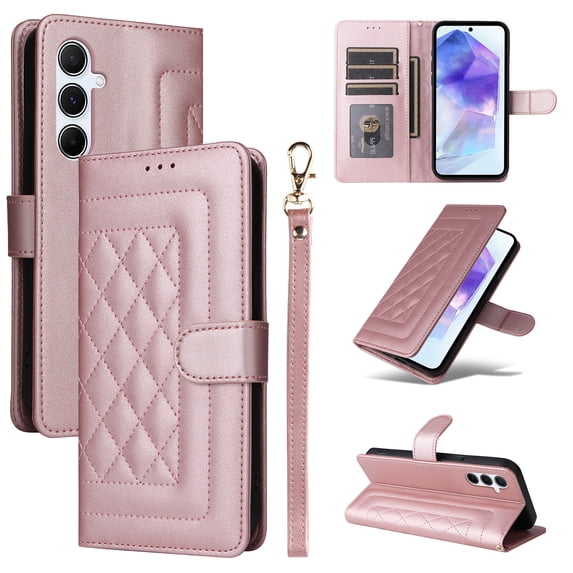 Compatible with Samsung Galaxy A15 Case, Premium Leather Wallet Book Case Magnetic Flip RFID Blocking Credit Card Holder Kickstand with Wrist Strap Shock Absorbing Case, Rosegold