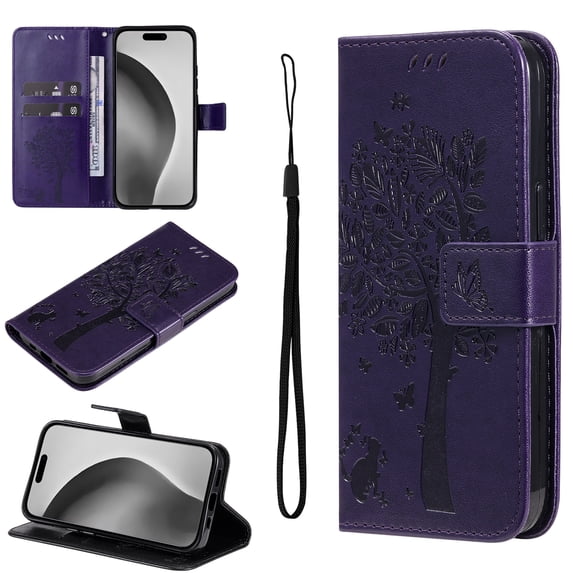 Compatible with Samsung Galaxy A15 Case Wallet Case with Kickstand Credit Card Holder Slots Cute Cat Butterfly & Tree Embossed Premium PU Leather Protective Phone Case with Wrist Strap,Purple