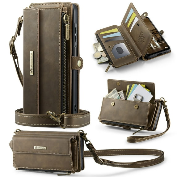 Compatible with Samsung Galaxy A15 Case Wallet with RFID Blocking Card Holder for Women and Men, Matte Soft PU Leather Magnetic Snap Flip Zipper Strap Wallet Phone Case,Coffee