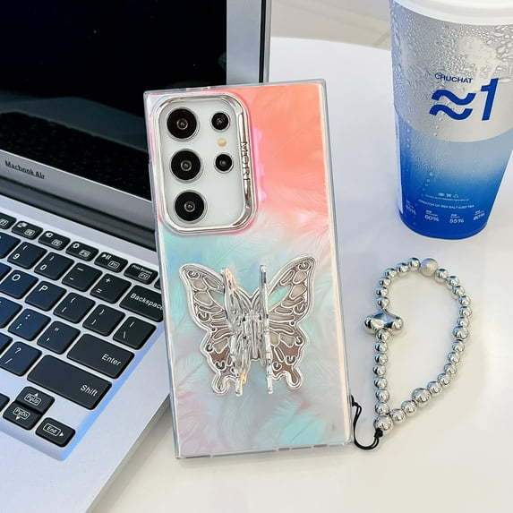 Compatible with Samsung Galaxy A15 Plating Frosted Case, with Colourful Laser Back and Butterfly Kickstand for Women Girls Cute Protective Phone Case Cover with Hand Chain Bracelet, A