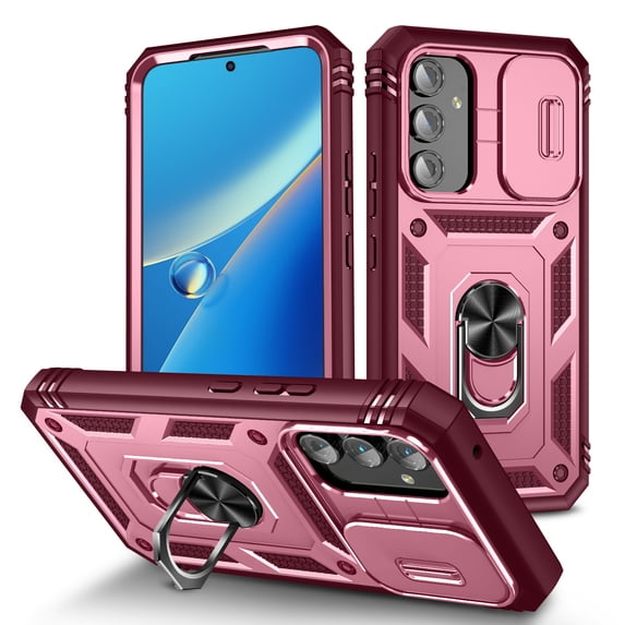 Compatible with Samsung Galaxy A15 with Sliding Cover Lens Protection & Kickstand, Built-in 360° Rotate Ring Stand Magnetic Card Slot Hybrid Cover Case for Samsung Galaxy A15, Pink+Red