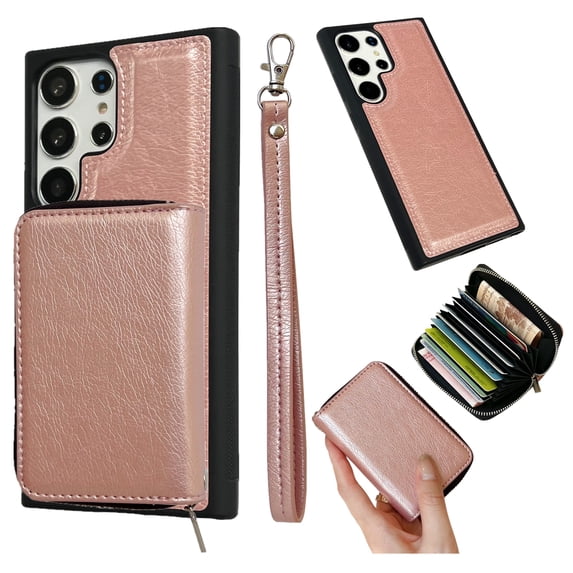 Compatible with Samsung Galaxy A15 Wallet Case Card Holder, PU Leather Phone Case Women Men Protective Cover Wrist Strap Zipper Credit Card Slots For Samsung Galaxy A15, Rosegold