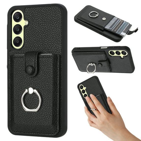Compatible with Samsung Galaxy A15 Wallet Phone Case,360°Rotation Finger Ring Holder Kickstand,with Card Holder,Lychee Pattern PU Leather Durable Shockproof Rugged Phone Case,Black