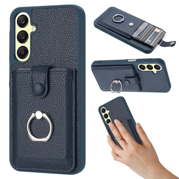 Compatible with Samsung Galaxy A15 Wallet Phone Case,360°Rotation Finger Ring Holder Kickstand,with Card Holder,Lychee Pattern PU Leather Durable Shockproof Rugged Phone Case,Blue