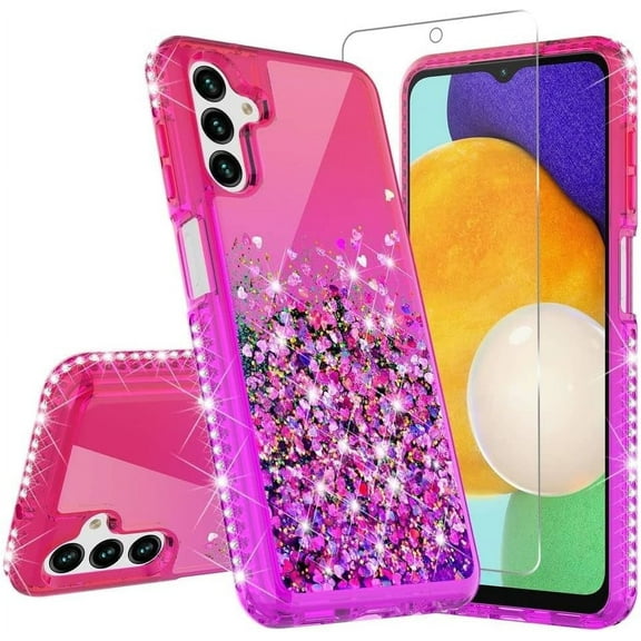 Compatible for Samsung Galaxy A15G Liquid Glitter Phone Case Cover with Tempered Glass Screen Protector Shock Proof Rugged Protection for Girls Women - Hot Pink/Purple