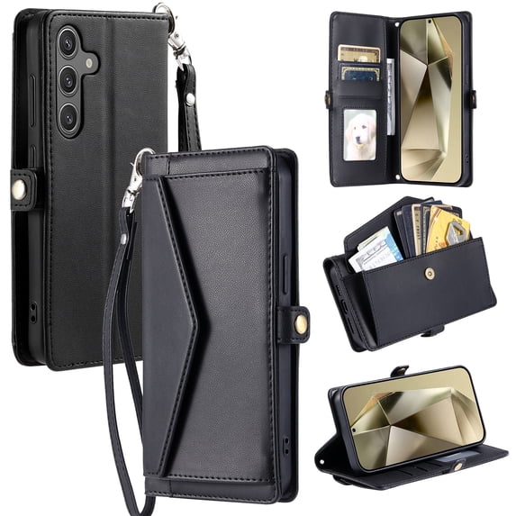 Compatible with Samsung Galaxy A16 5G/4G Envelope Style Wallet Case, with Wrist Strap and Crossbody Strap, Flip Card Holder Stand Rugged Cell Phone Cover for Samsung Galaxy A16 Women Men - Black